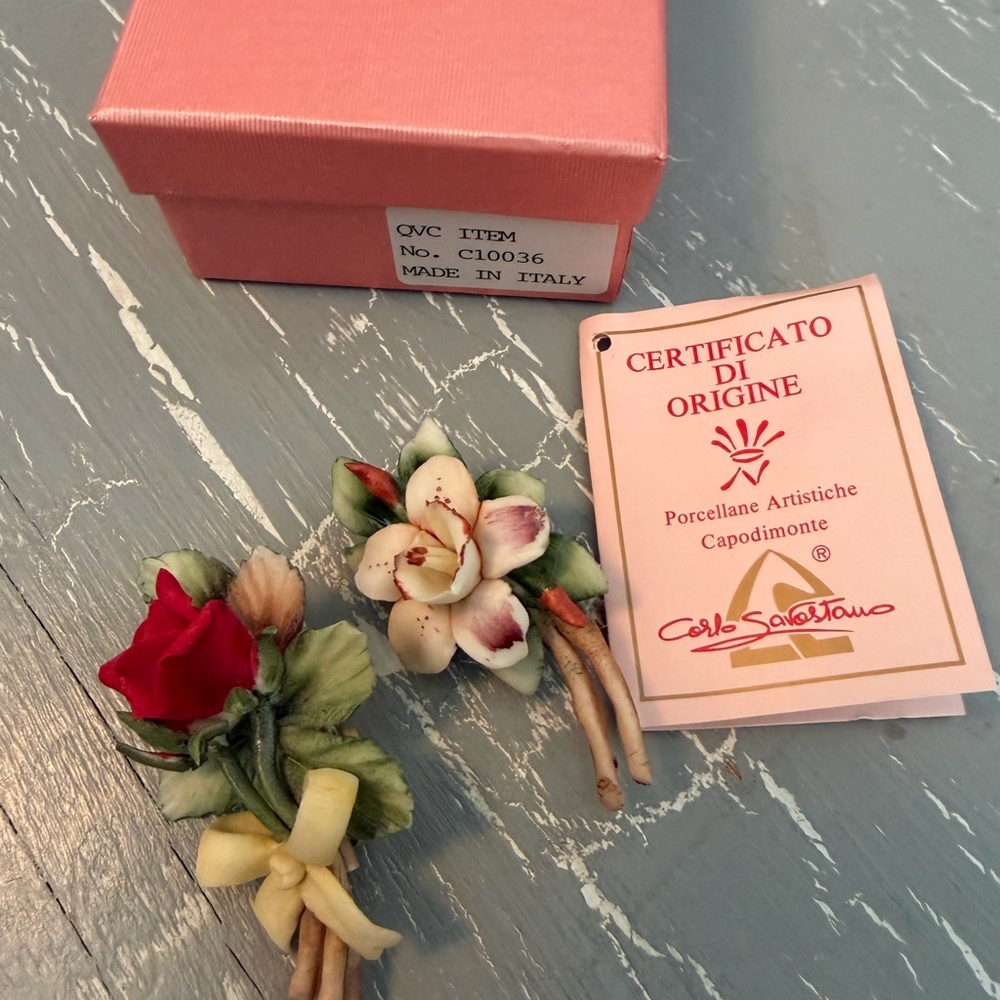 Carlos Savastano Porcelain Floral Pin Duo - Pink, Cream & Green Accents - Picture 6 of 9